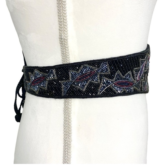 Vintage 80s black, grey, blue & pink beaded belt tie back adjustable cummerbund - Picture 7 of 9